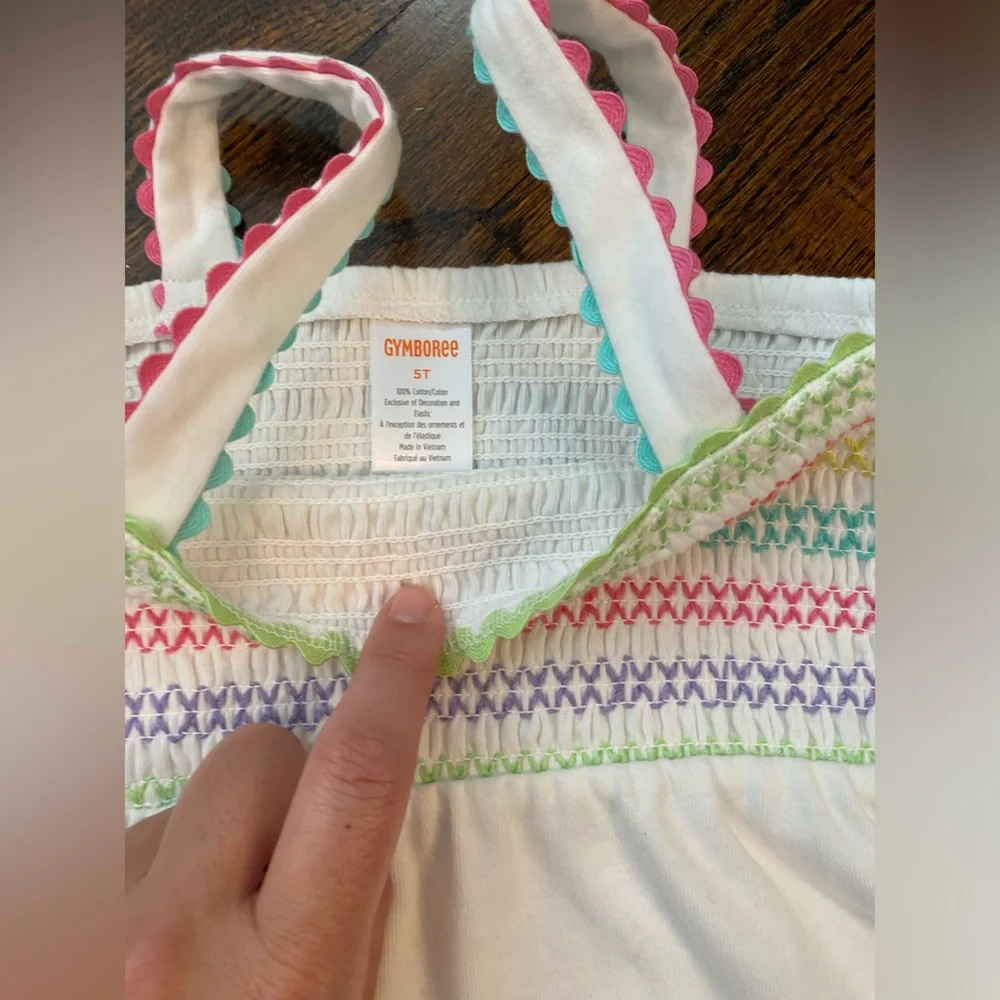 Gymboree- cotton Smocked White Tank Top Pastel Rainbow Stripe Accents girls 5T